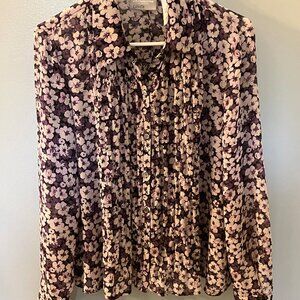 NWOT Liz Claiborne Sheer Purple Flower Rouched Blouse Size 10